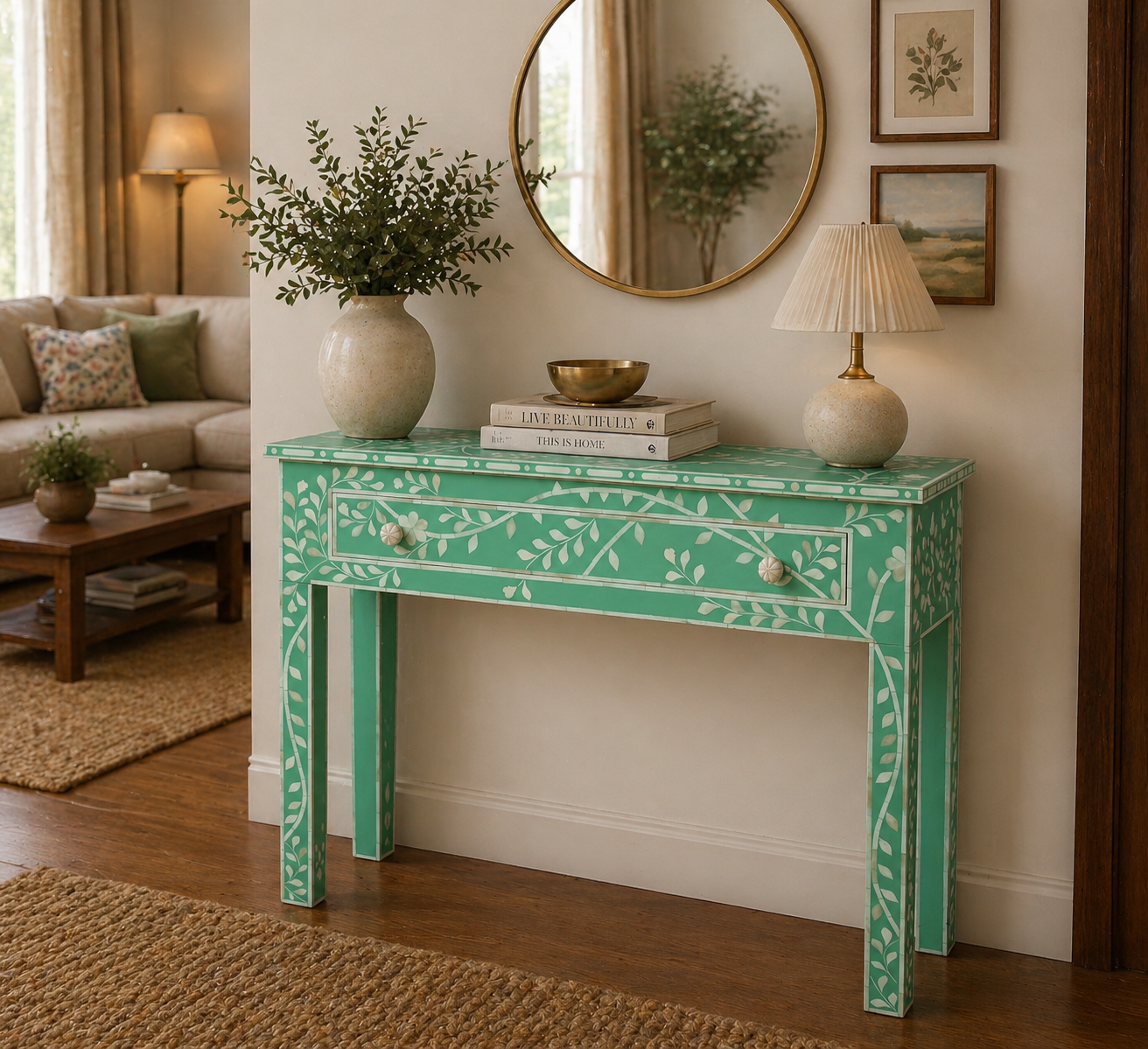 Handmade Bone Inlay Floral Console Table – Green White Entryway Table with Drawer, Luxury Hallway Furniture