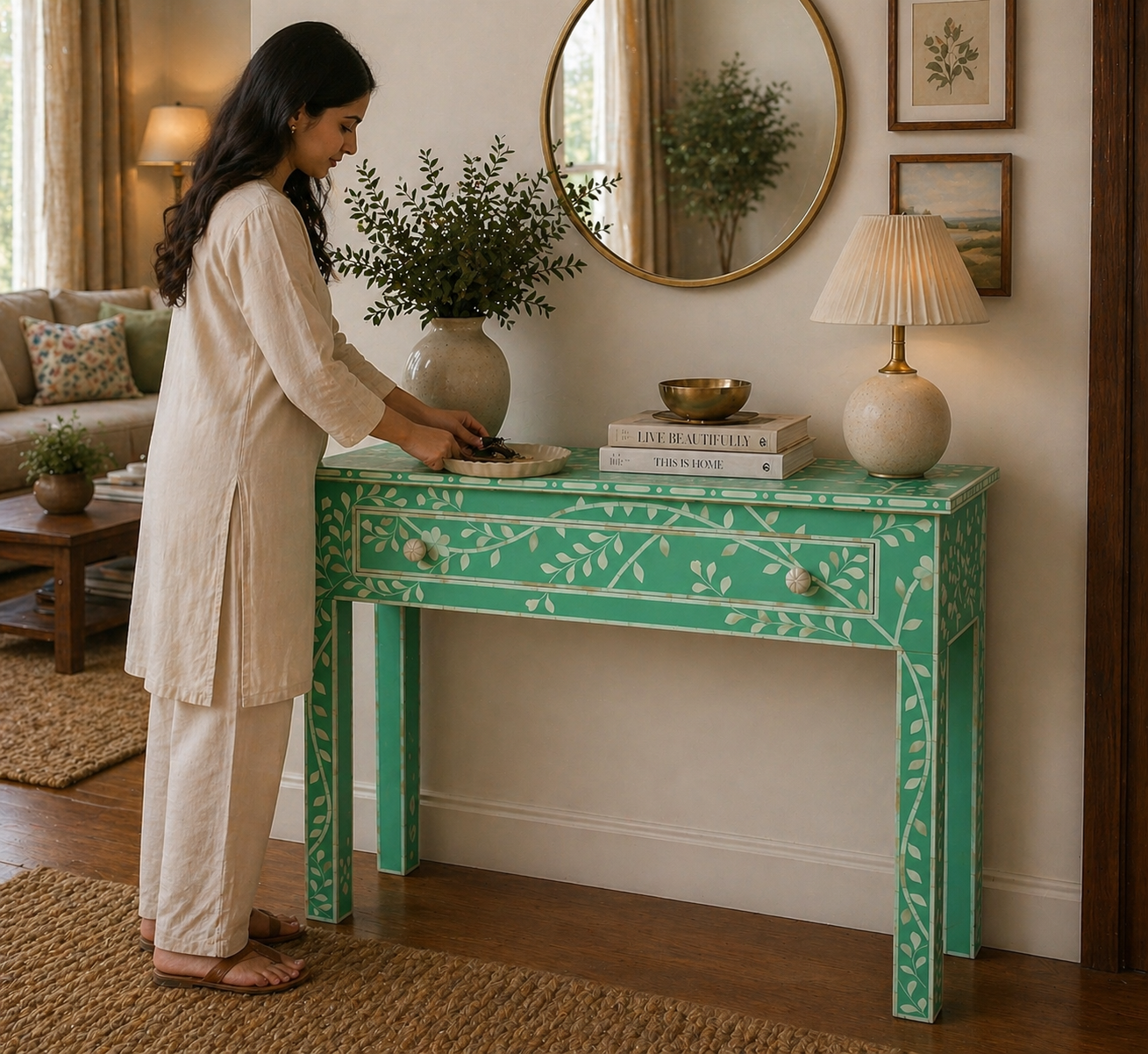 Handmade Bone Inlay Floral Console Table – Green White Entryway Table with Drawer, Luxury Hallway Furniture