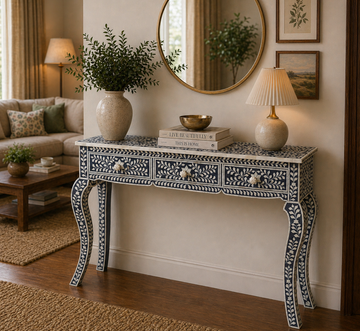 Handmade Bone Inlay Floral Console Table with Curved Legs – Black White Luxury Entryway Table with Drawers