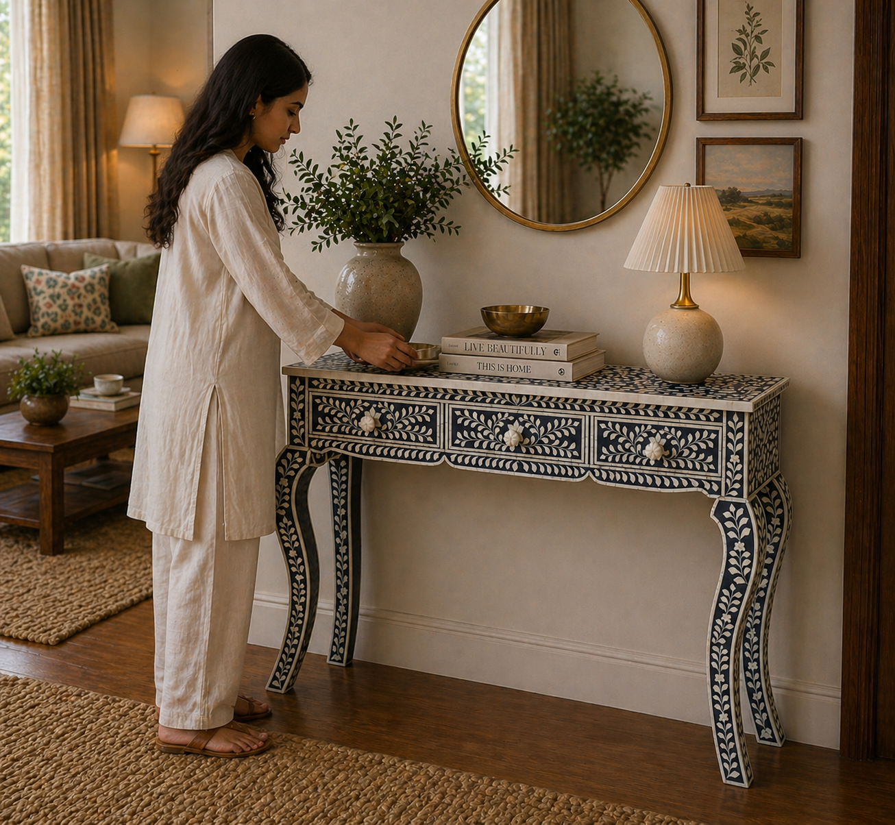 Handmade Bone Inlay Floral Console Table with Curved Legs – Black White Luxury Entryway Table with Drawers