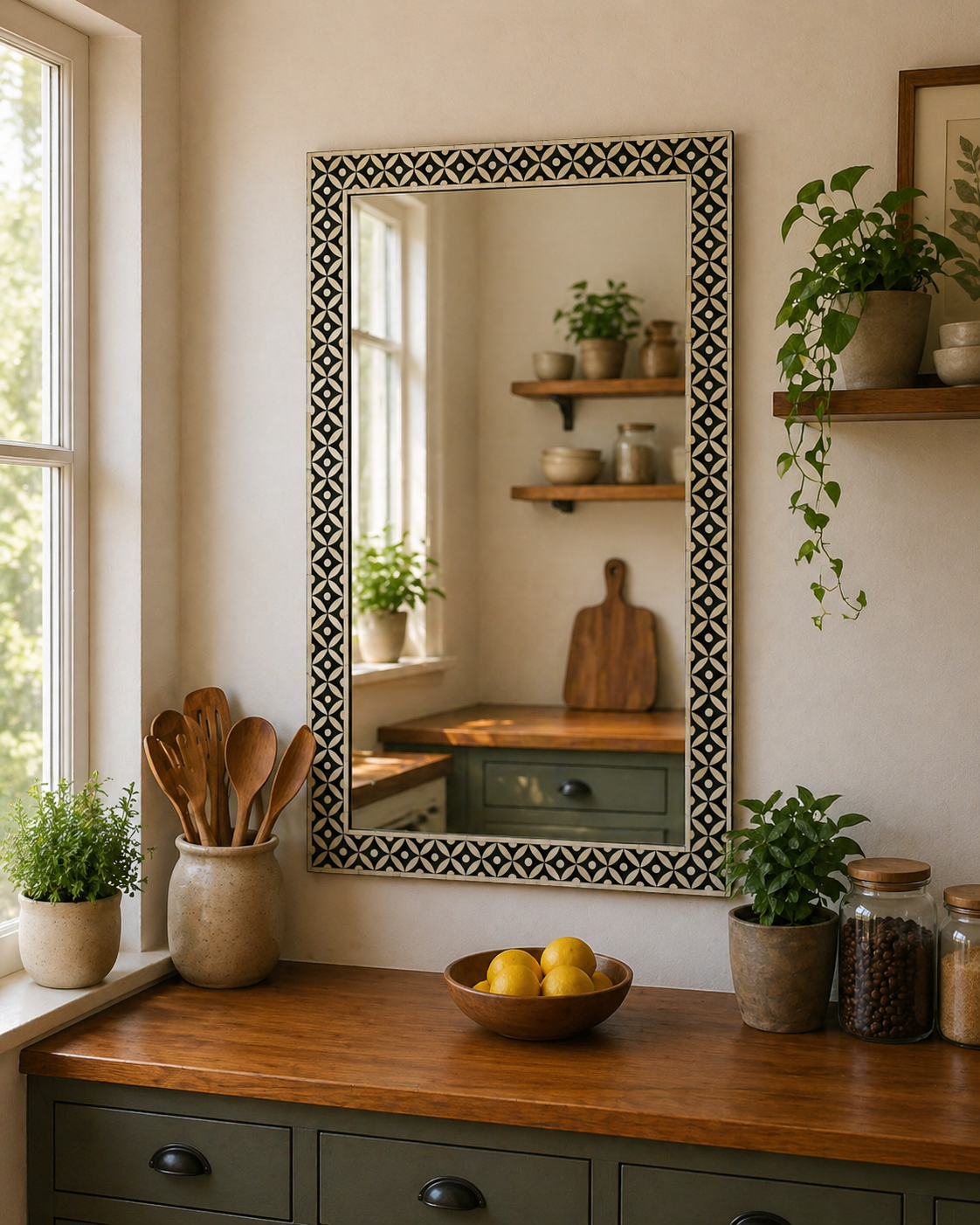 Black Geometric Bone Inlay Mirror Frame Handmade Decorative Wall Mirror Modern Luxury Home Decor