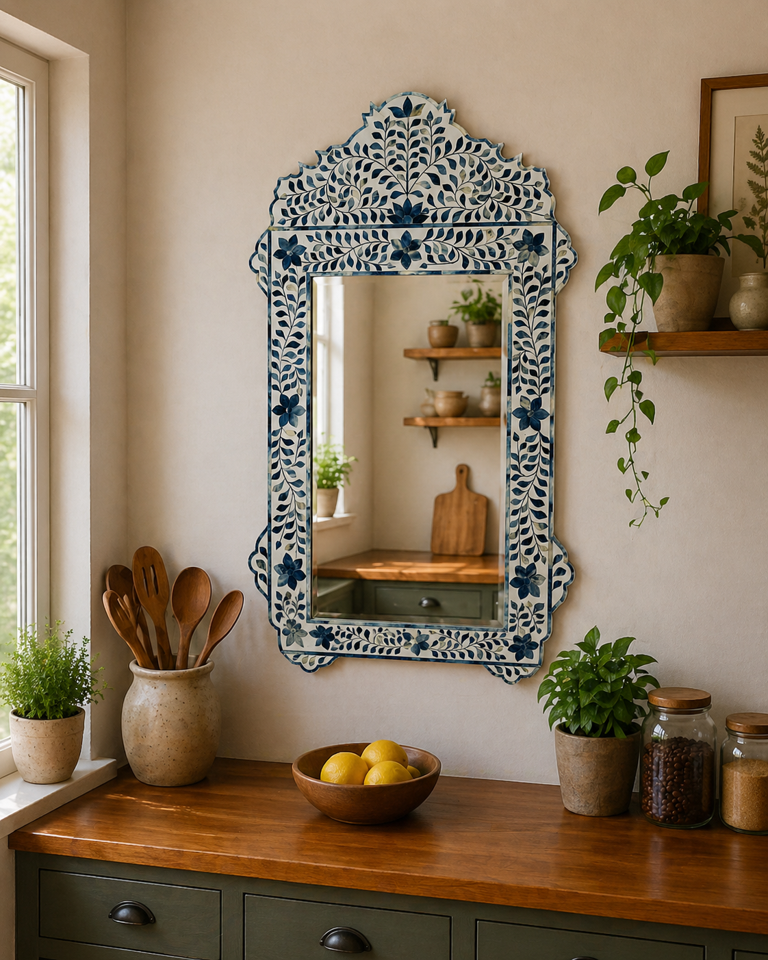 Blue Floral Bone Inlay Mirror Scalloped Arch Handmade Decorative Wall Mirror Luxury Home Decor