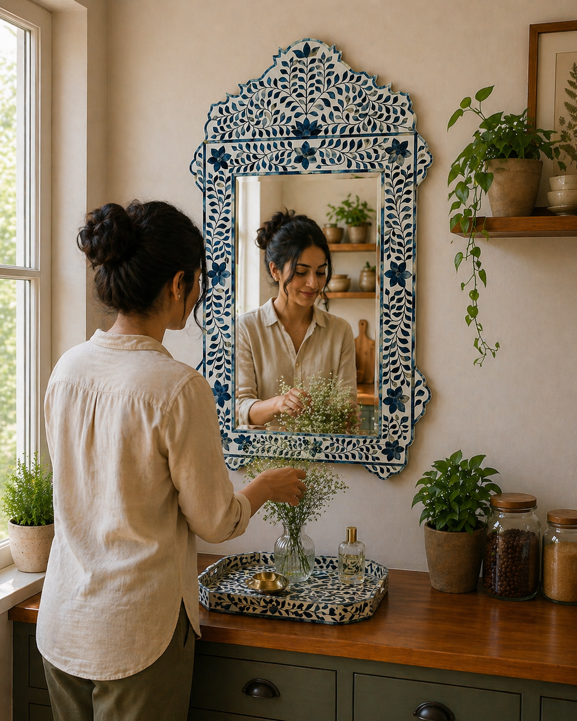 Blue Floral Bone Inlay Mirror Scalloped Arch Handmade Decorative Wall Mirror Luxury Home Decor