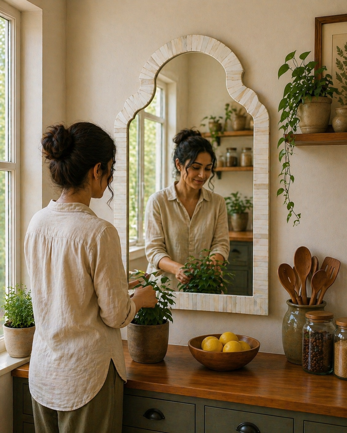Natural Bone Inlay Arch Mirror Frame Handmade Minimal Wall Mirror Luxury Neutral Home Decor