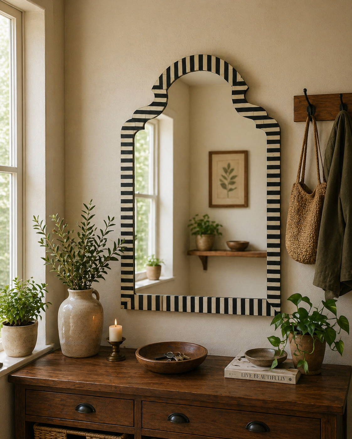 Black White Striped Bone Inlay Arch Mirror Handmade Decorative Wall Mirror Modern Luxury Home Decor
