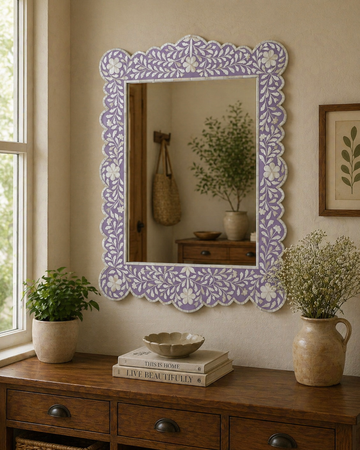 Purple Floral Bone Inlay Mirror Scalloped Frame Handmade Decorative Wall Mirror Luxury Home Decor