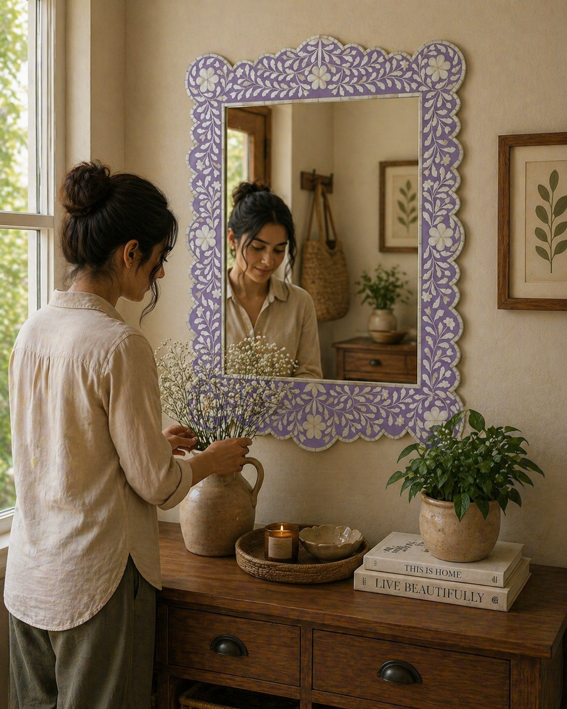 Purple Floral Bone Inlay Mirror Scalloped Frame Handmade Decorative Wall Mirror Luxury Home Decor