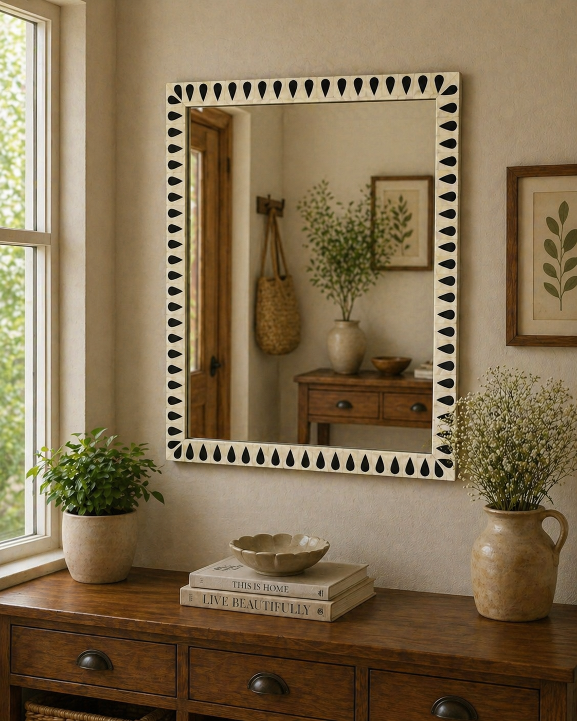 Black Bone Inlay Mirror Teardrop Border Design Handmade Wall Mirror Decorative Modern Bedroom Bathroom Mirror