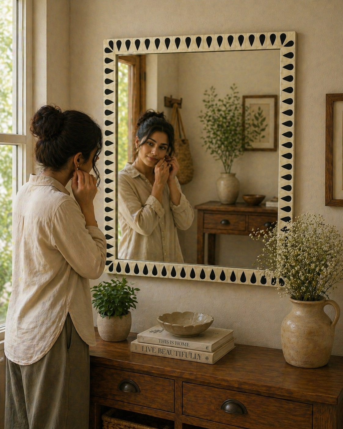 Black Bone Inlay Mirror Teardrop Border Design Handmade Wall Mirror Decorative Modern Bedroom Bathroom Mirror