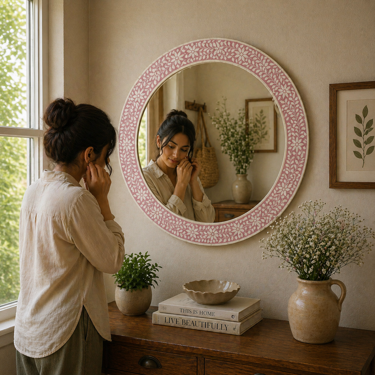Pink Floral Bone Inlay Round Mirror Handmade Decorative Wall Mirror Luxury Feminine Home Decor