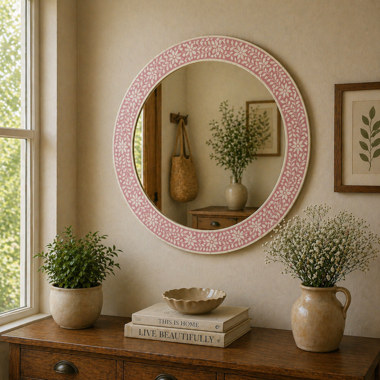 Pink Floral Bone Inlay Round Mirror Handmade Decorative Wall Mirror Luxury Feminine Home Decor