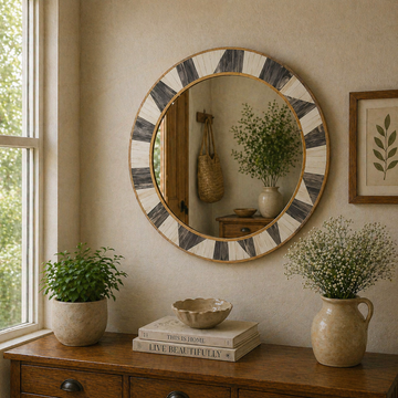 Modern Geometric Bone Inlay Round Mirror Handmade Luxury Wall Mirror Neutral Home Decor