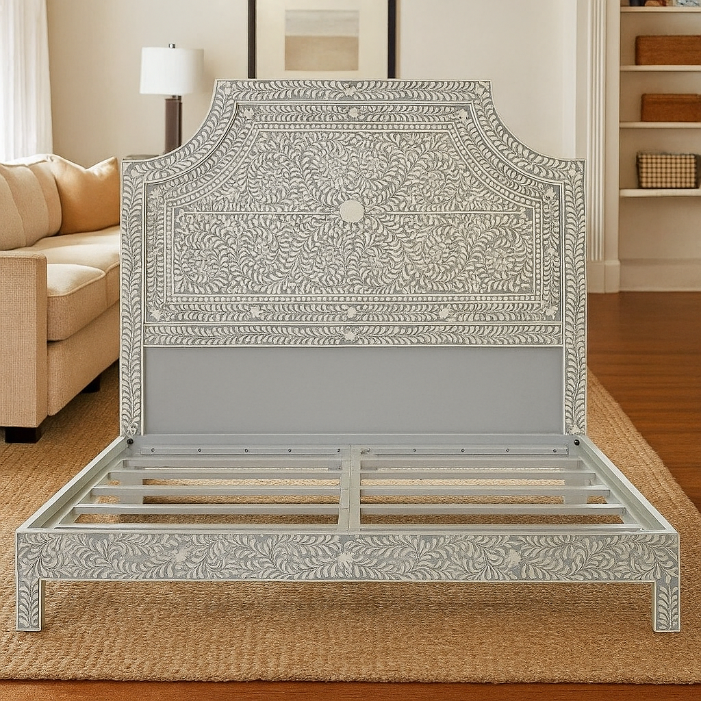 Handmade Grey Bone Inlay Bed Floral Design Luxury Neutral Platform Bed Frame