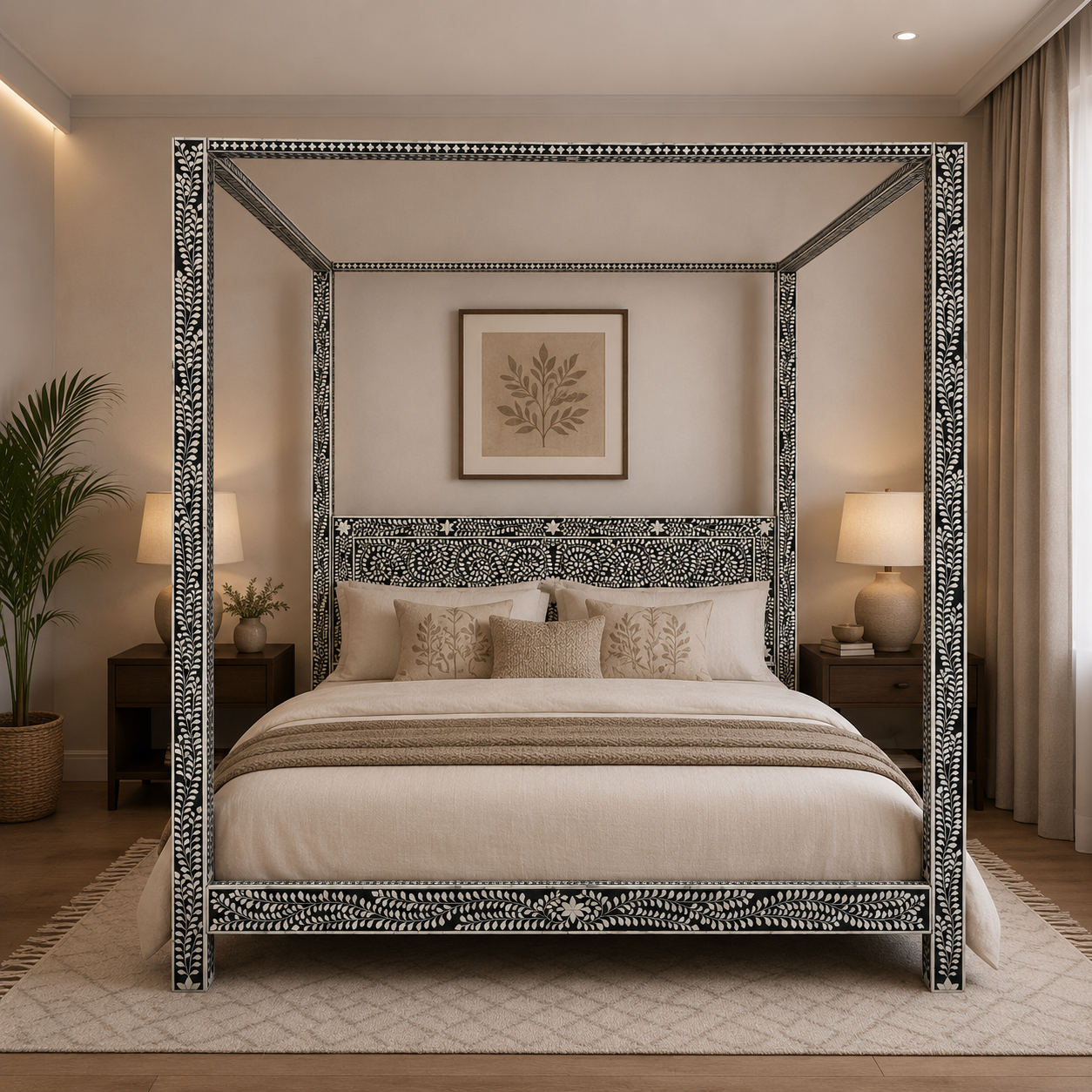 Handmade Bone Inlay Canopy Bed – Luxury Four Poster Bed