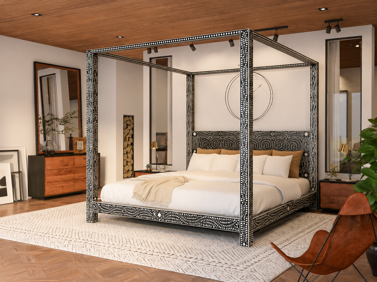 Handmade Bone Inlay Canopy Bed – Luxury Four Poster Bed