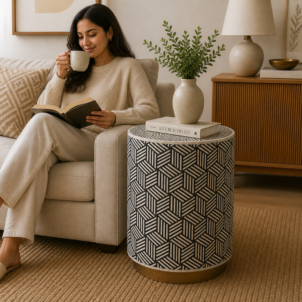 Black White Stripe Bone Inlay End Table Handmade Geometric Cube Pattern Side Table Modern Furniture