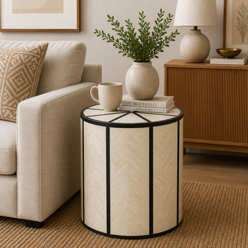 Natural Bone Inlay Round End Table Black Stripe Panel Design Handmade Modern Accent Side Table