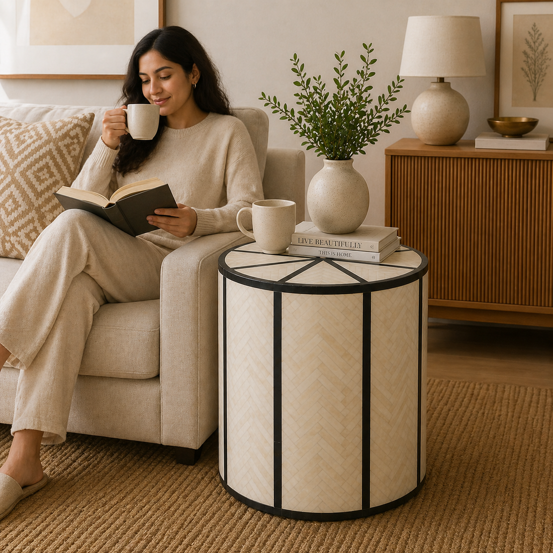 Natural Bone Inlay Round End Table Black Stripe Panel Design Handmade Modern Accent Side Table