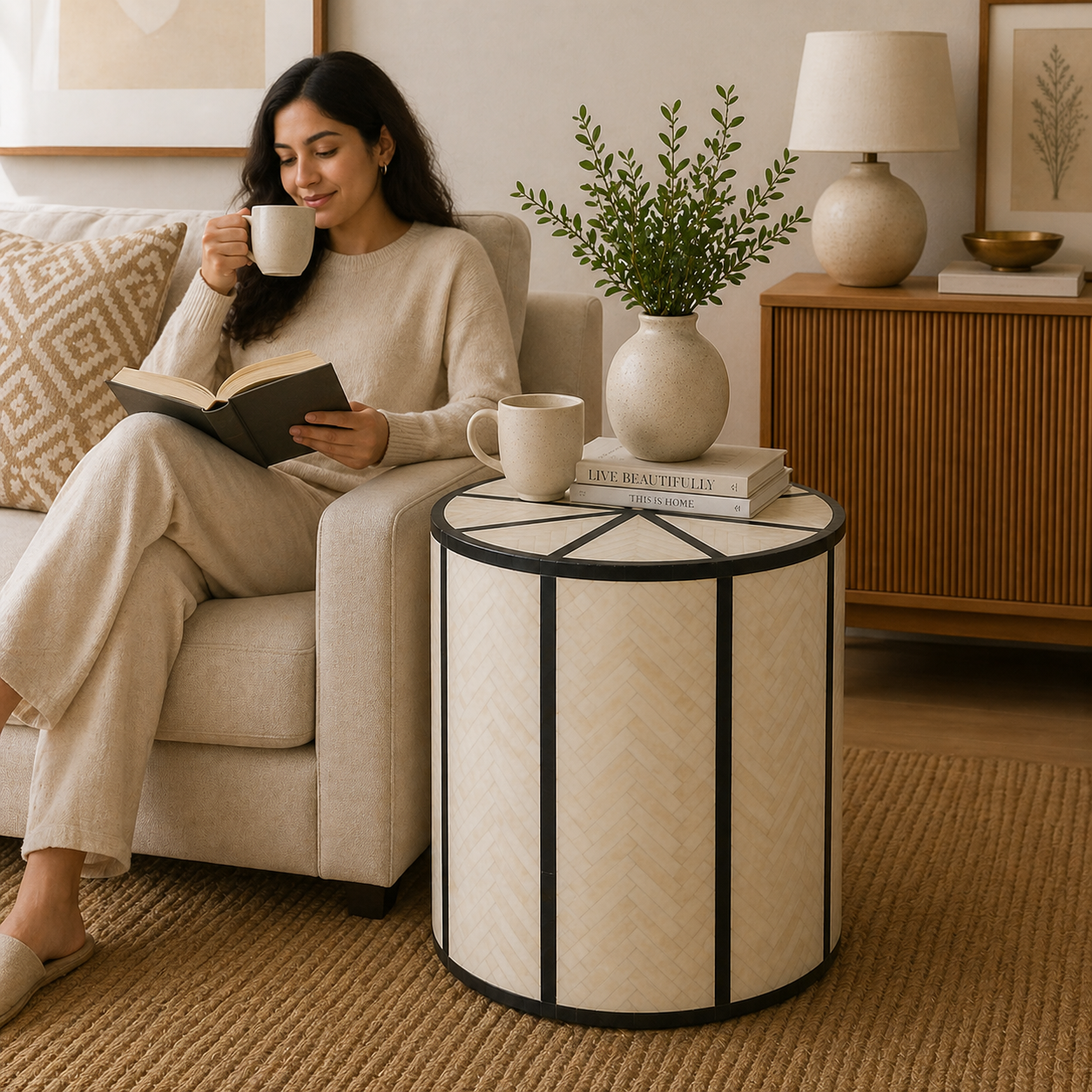 Natural Bone Inlay Round End Table Black Stripe Panel Design Handmade Modern Accent Side Table