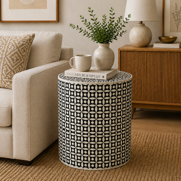 Handmade Bone Inlay Round End Table Black Geometric Floral Pattern Accent Side Table Modern Decorative Furniture