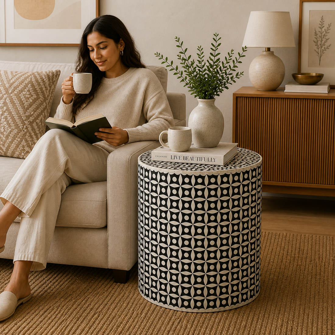 Handmade Bone Inlay Round End Table Black Geometric Floral Pattern Accent Side Table Modern Decorative Furniture
