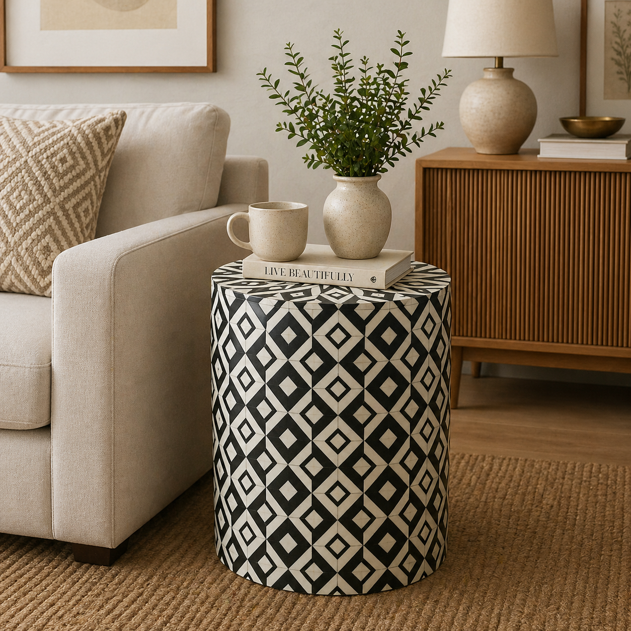 Handmade Bone Inlay Round End Table Black Diamond Geometric Pattern Accent Side Table Modern Luxury Furniture