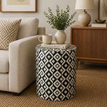 Handmade Bone Inlay Round End Table Black Diamond Geometric Pattern Accent Side Table Modern Luxury Furniture