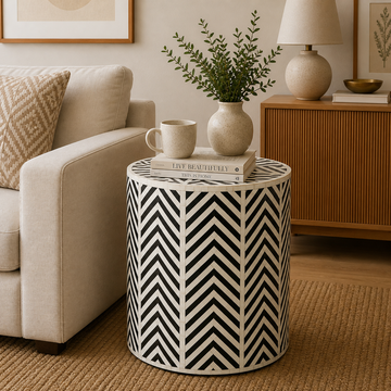 Handmade Bone Inlay Round End Table Black Chevron Zig Zag Pattern Modern Accent Side Table Luxury Furniture