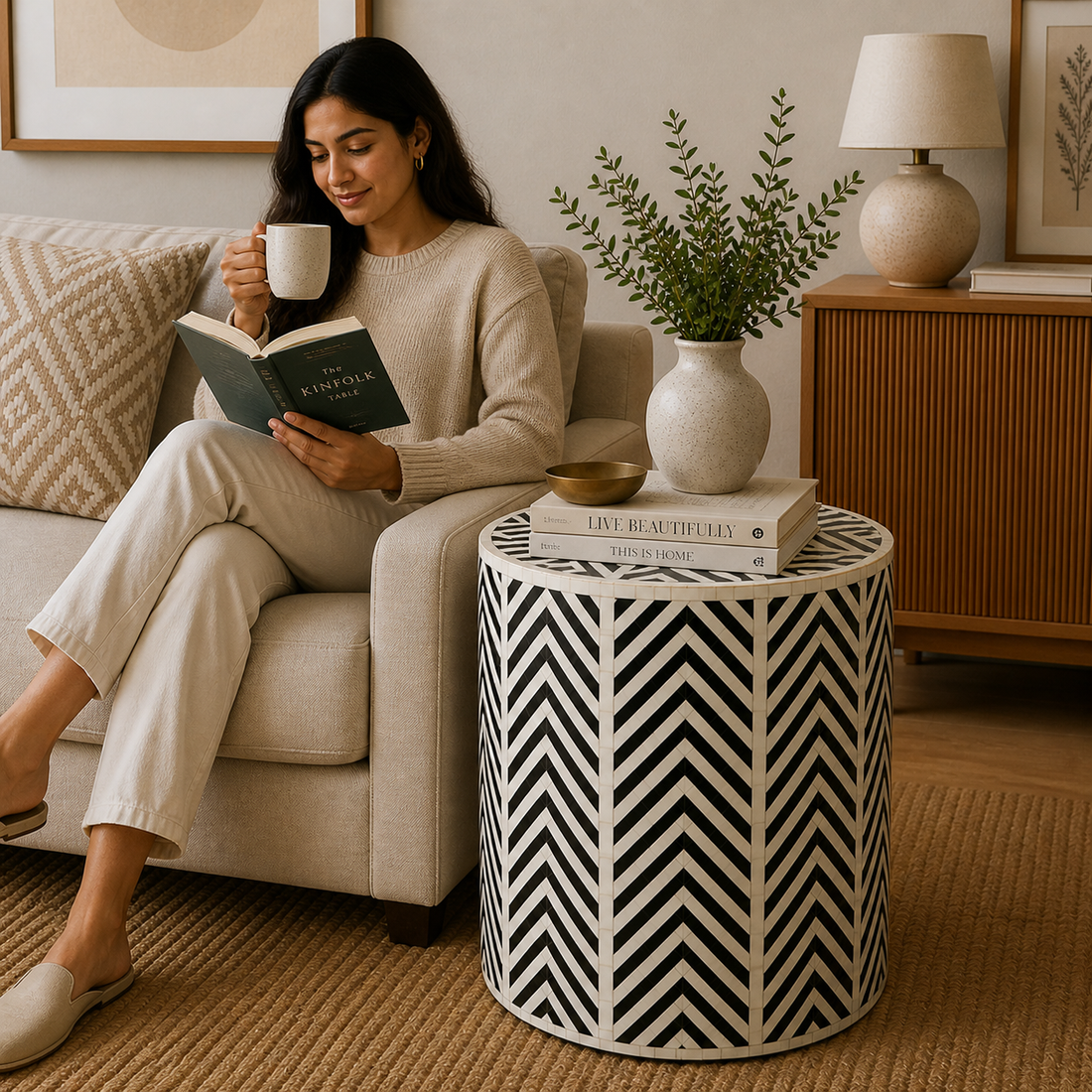 Handmade Bone Inlay Round End Table Black Chevron Zig Zag Pattern Modern Accent Side Table Luxury Furniture