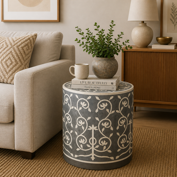 Handmade Bone Inlay Round End Table Grey Floral Vine Pattern Accent Side Table Luxury Decorative Furniture