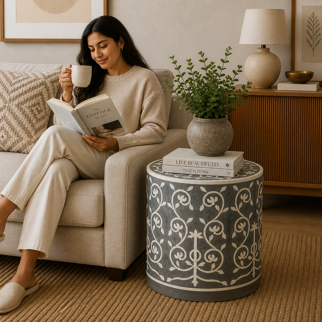Handmade Bone Inlay Round End Table Grey Floral Vine Pattern Accent Side Table Luxury Decorative Furniture
