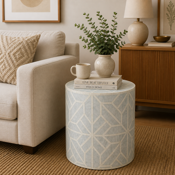 Handmade Bone Inlay Round End Table Blue Geometric Pattern Accent Side Table Modern Luxury Furniture