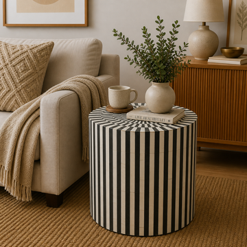Handmade Bone Inlay Round End Table Black White Stripe Pattern Modern Accent Side Table Luxury Furniture