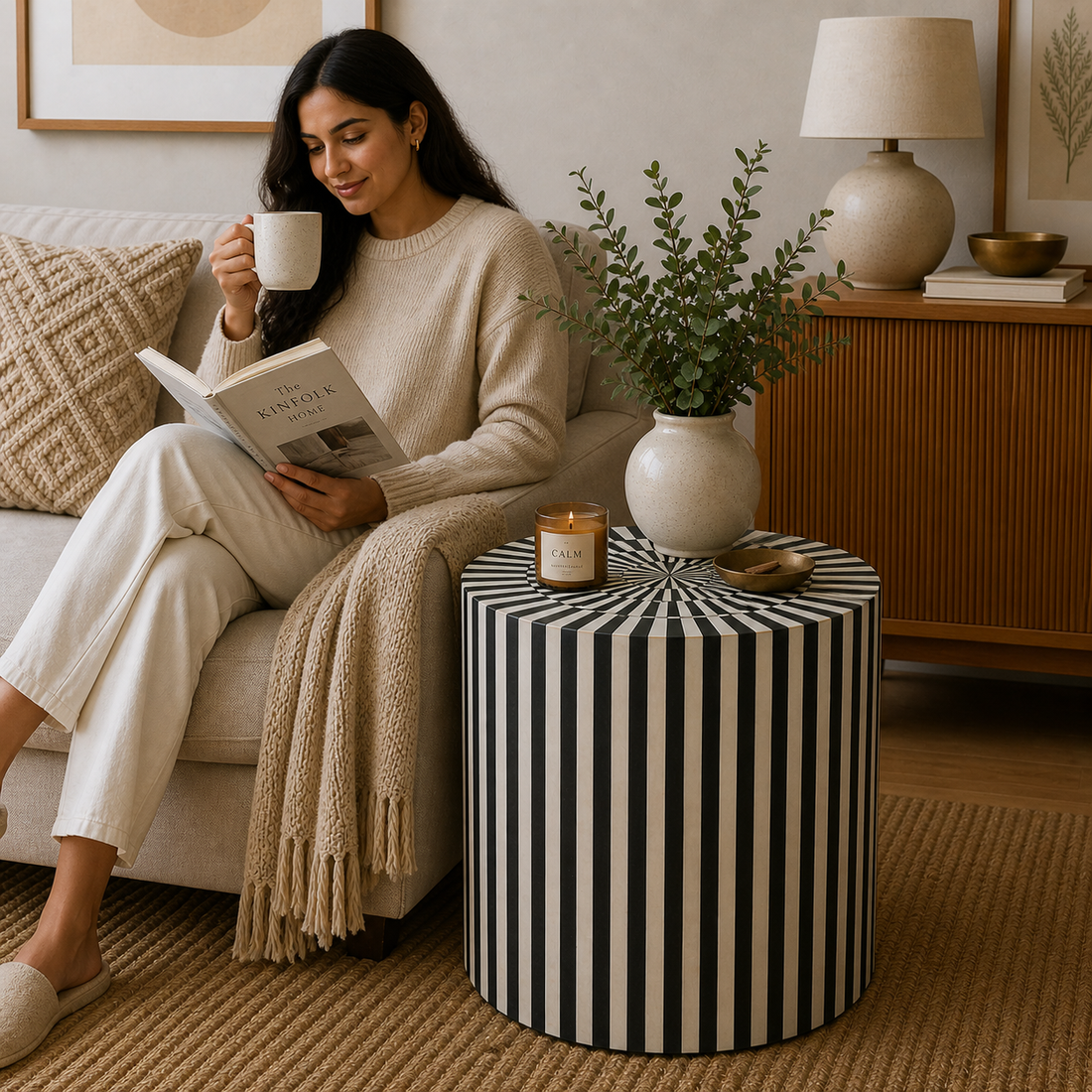 Handmade Bone Inlay Round End Table Black White Stripe Pattern Modern Accent Side Table Luxury Furniture