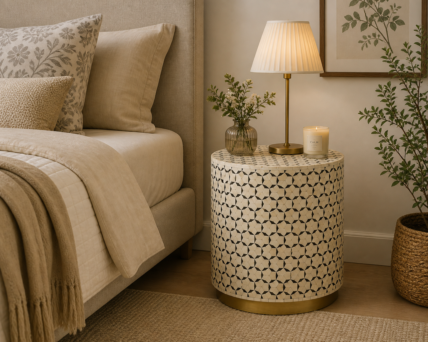 Handmade Bone Inlay Round End Table Natural Bone Geometric Star Pattern Luxury Accent Side Table