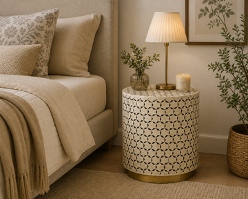 Handmade Bone Inlay Round End Table Natural Bone Geometric Star Pattern Luxury Accent Side Table