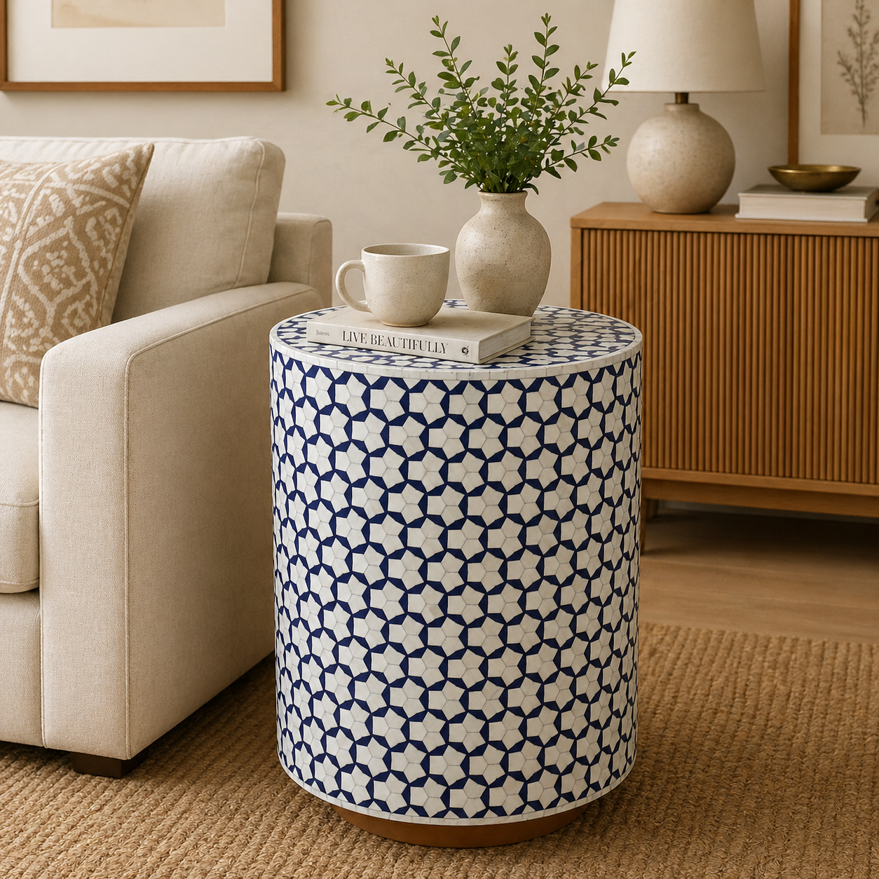 Blue Star Bone Inlay Drum Table Handmade Round Side Table Luxury Stool Moroccan Style Furniture