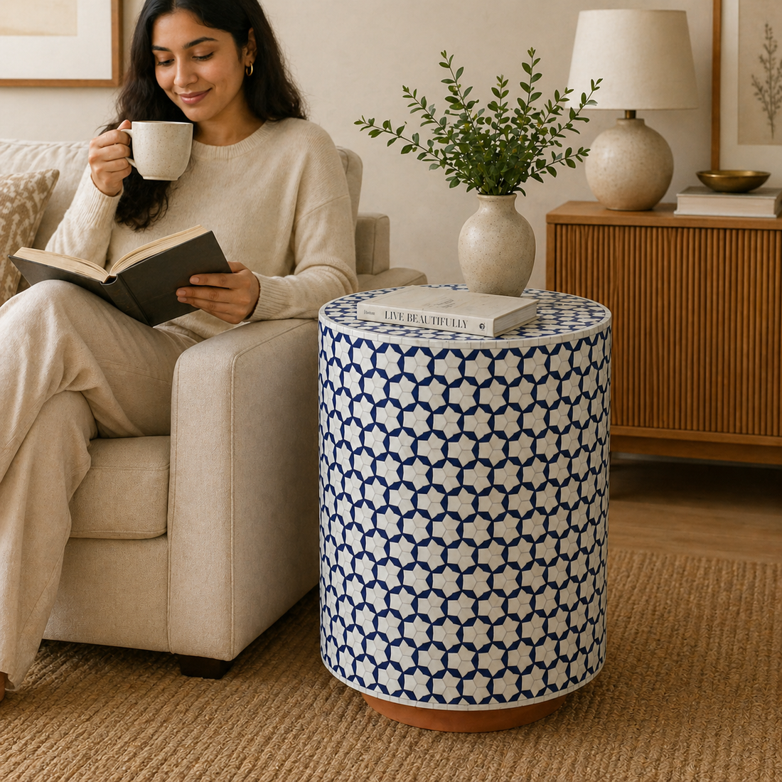 Blue Star Bone Inlay Drum Table Handmade Round Side Table Luxury Stool Moroccan Style Furniture