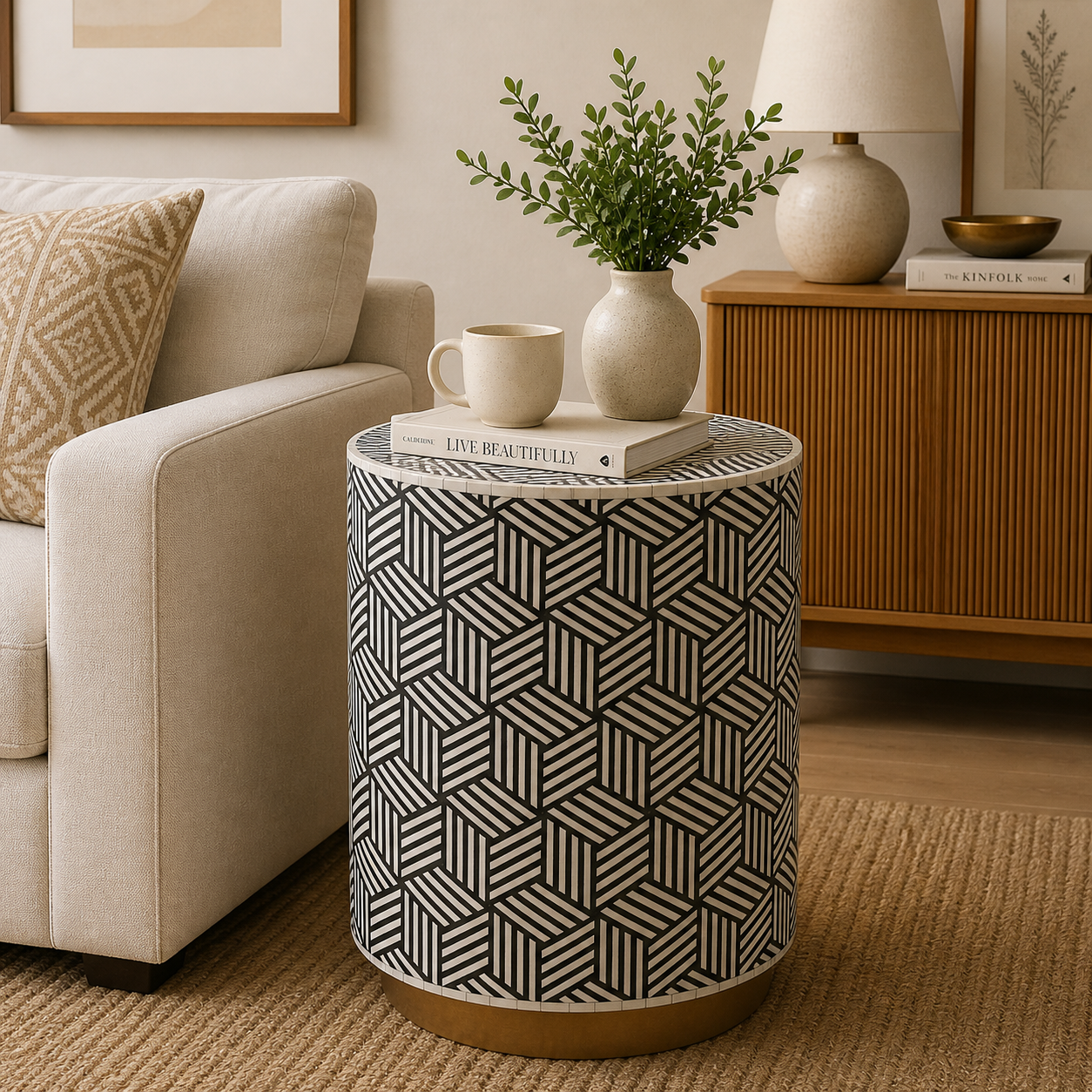 Black White Stripe Bone Inlay End Table Handmade Geometric Cube Pattern Side Table Modern Furniture