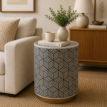 Black White Stripe Bone Inlay End Table Handmade Geometric Cube Pattern Side Table Modern Furniture