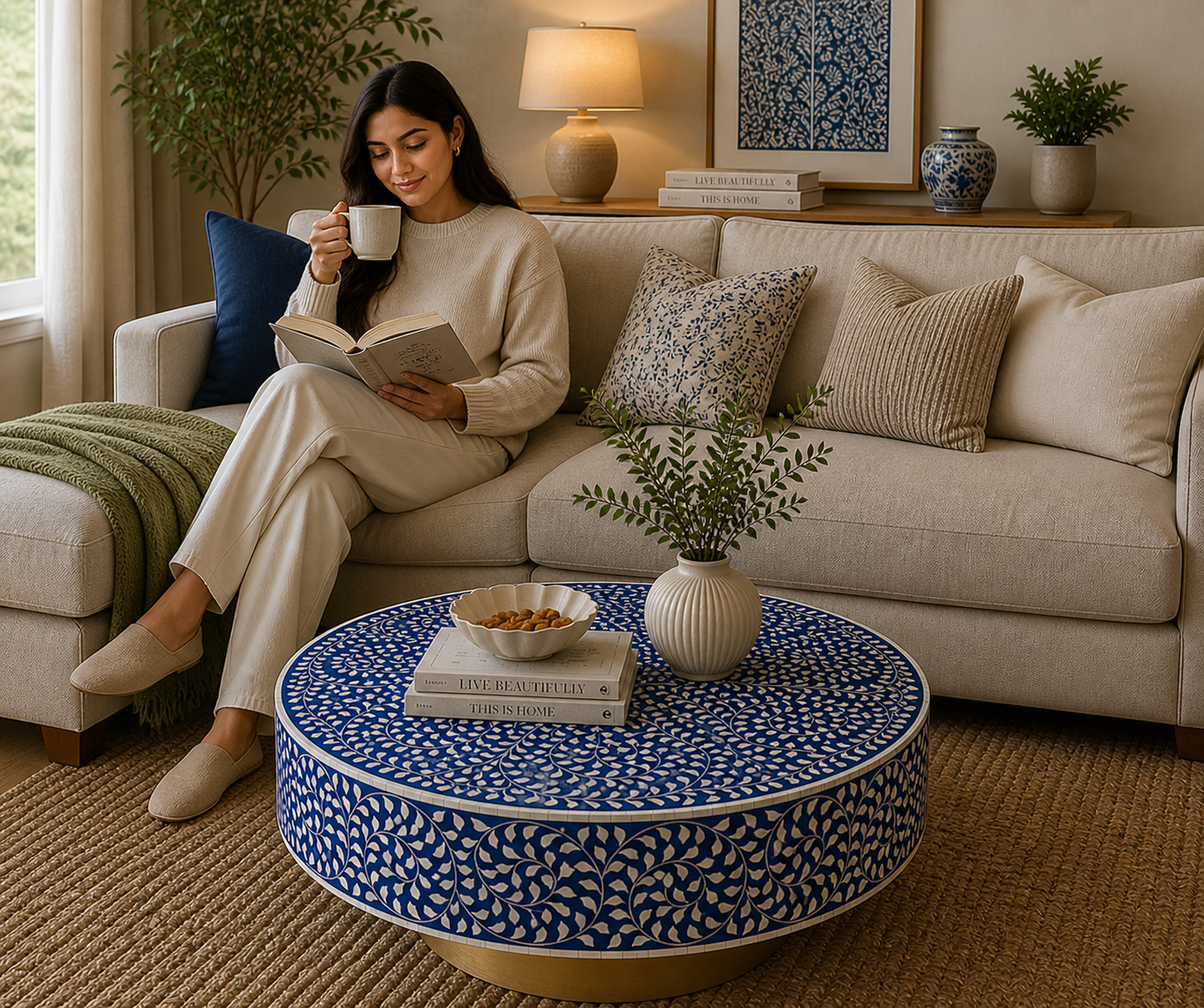 Handmade Bone Inlay Round Coffee Table Blue Floral Vine Pattern Mughal Design Luxury Center Table