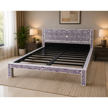 Handmade Purple Bone Inlay Bed Floral Design Luxury Platform Bed Frame