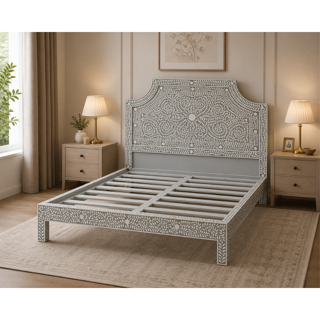 Handmade Grey Bone Inlay Bed Floral Design Luxury Neutral Platform Bed Frame