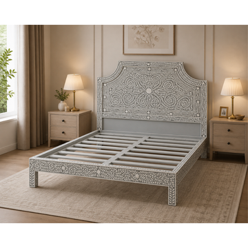 Handmade Grey Bone Inlay Bed Floral Design Luxury Neutral Platform Bed Frame