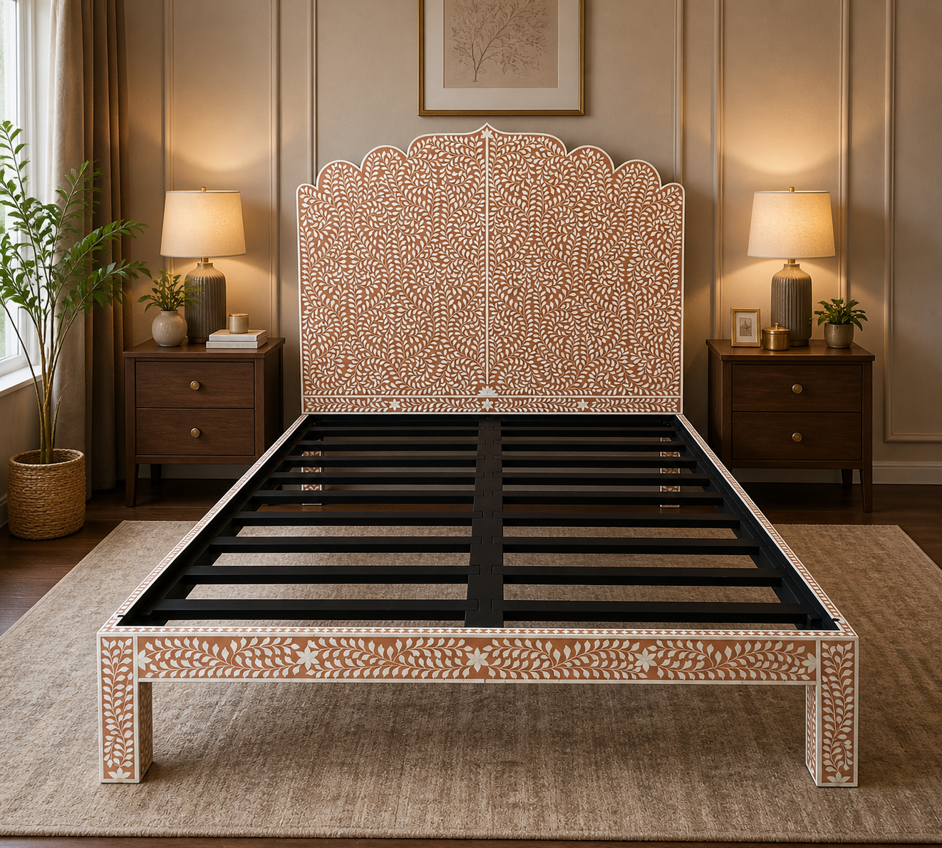 Handmade Bone Inlay Bed Floral Design Luxury Warm Tone Platform Bed Frame