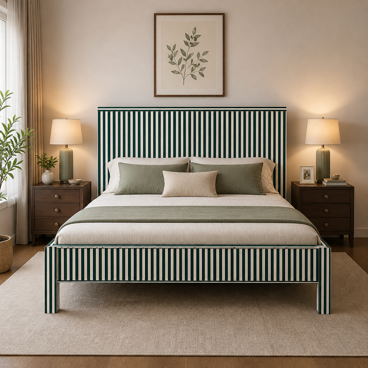 Black White Stripe Bone Inlay Bed Minimal Handmade Modern Platform Bed Frame