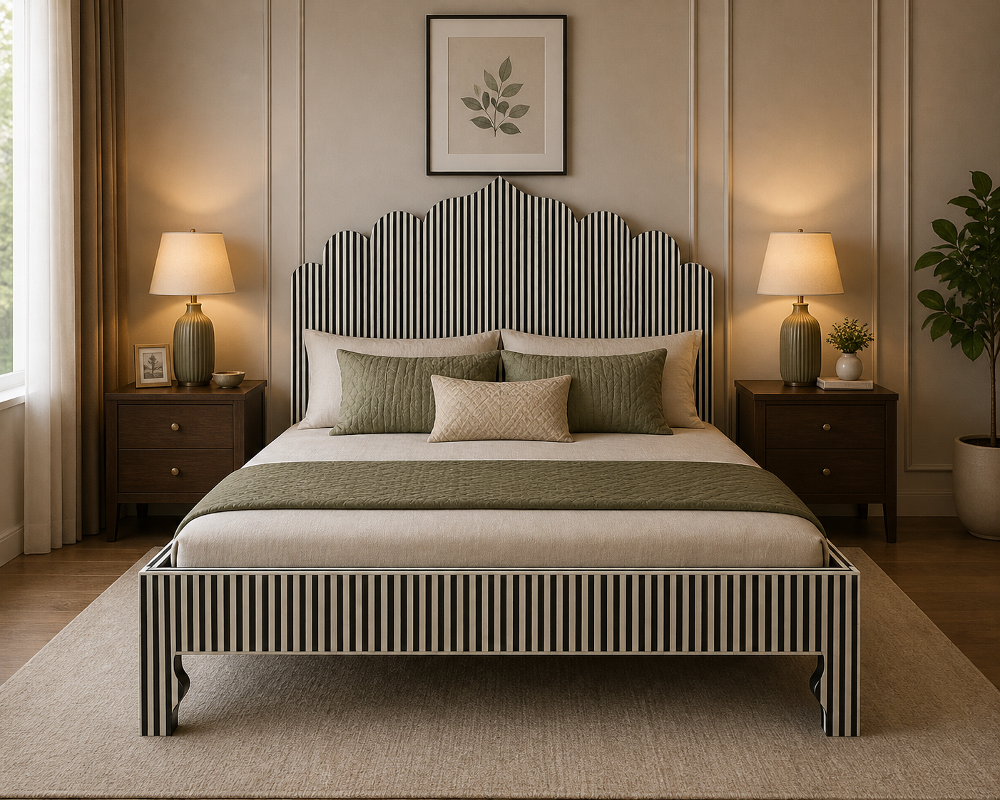 Black White Stripe Bone Inlay Bed Scalloped Headboard Handmade Modern Luxury Bed Frame Platform Bed Custom Size Furniture