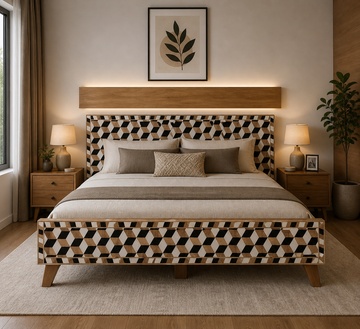 Geometric Bone Inlay Bed Cube Pattern Wood Inlay Bed Frame Handmade Luxury Platform Bed Modern Designer Bedroom Furniture