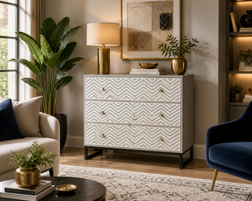 Bone Inlay Chevron Pattern 3 Drawer Dresser | Grey White Inlay Chest | Modern Storage Cabinet with Metal Base