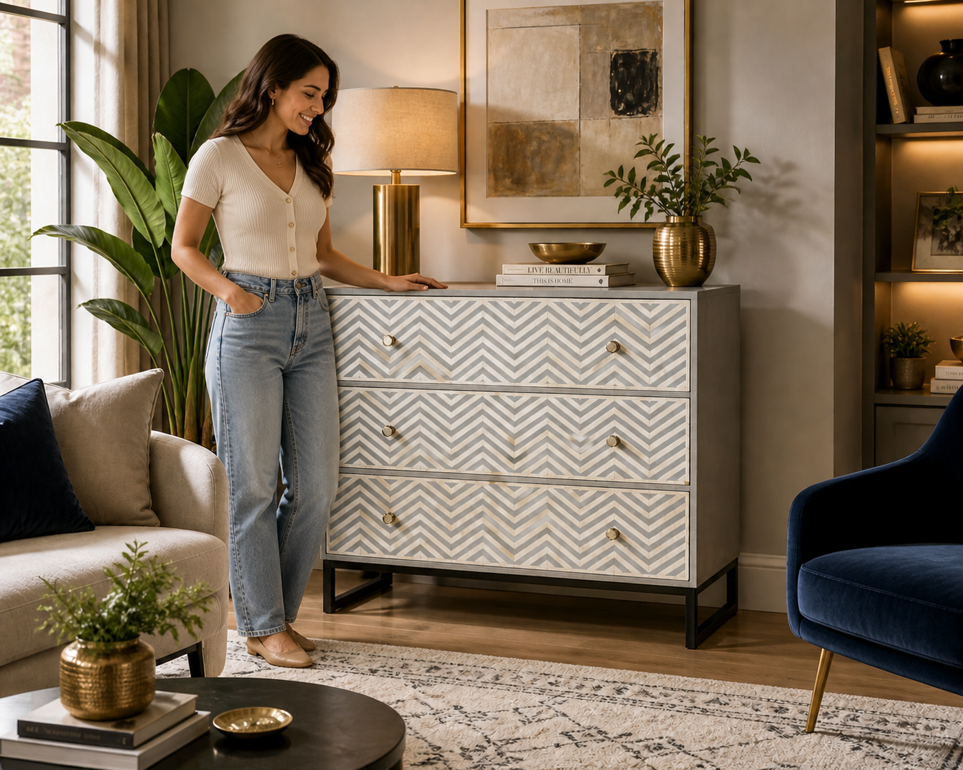 Bone Inlay Chevron Pattern 3 Drawer Dresser | Grey White Inlay Chest | Modern Storage Cabinet with Metal Base